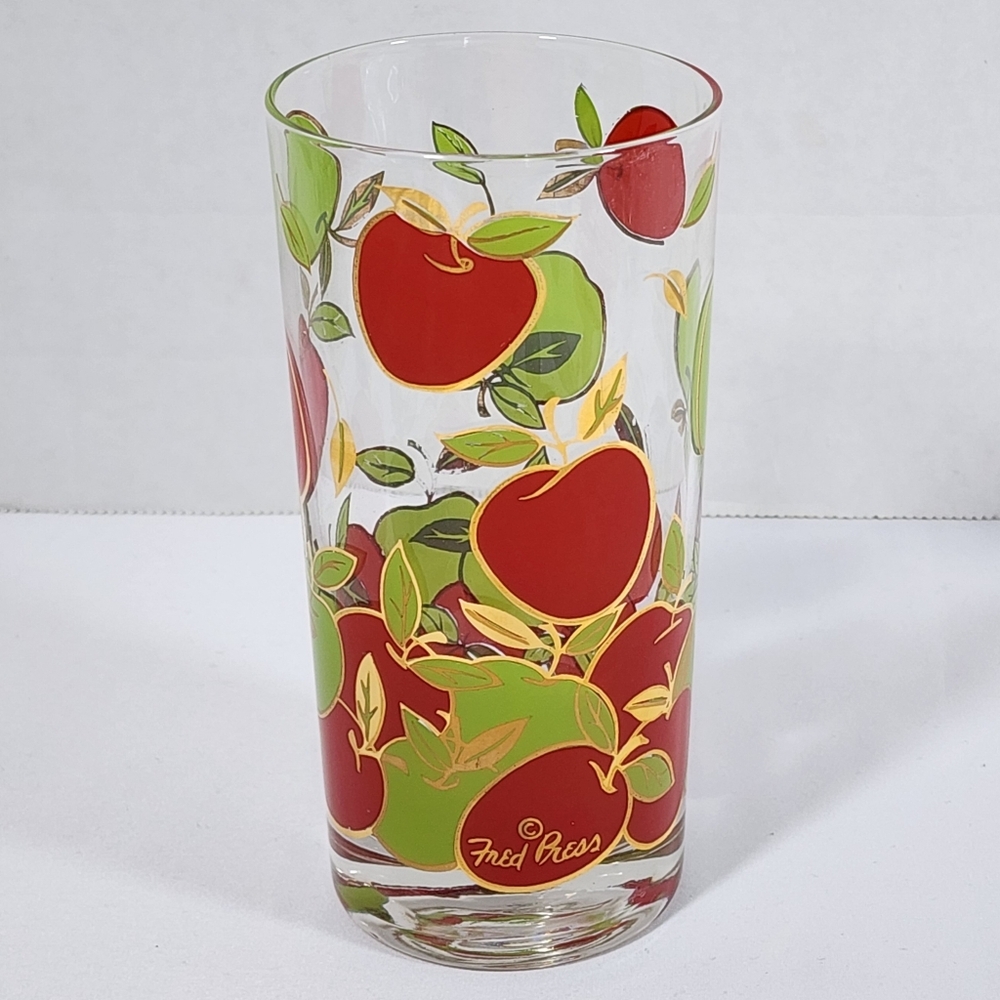 Vintage Fred Press Apple Tumbler Highball Glass 22K Gold Accent Signed 12oz 5.5"